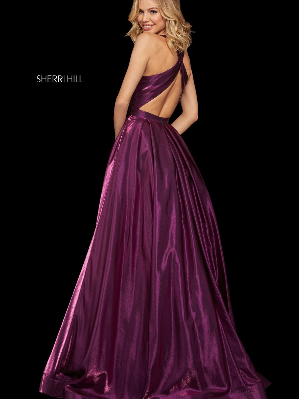 Sherri Hill Metallic Plum Cross-Back Satin Ball Gown Sz 2